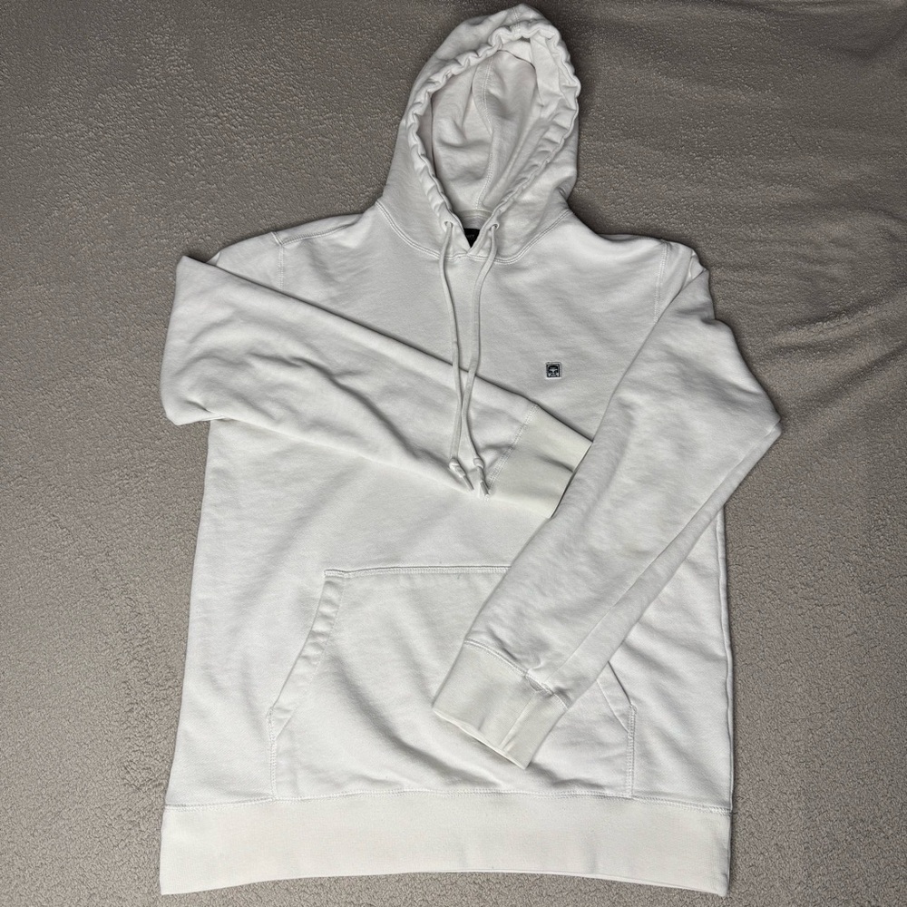 White Obey Worldwide Hoodie with Small Obey Logo Badge In Front - Men's Medium